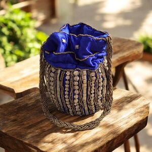 Vintage Blue Satin & Gold-toned Beaded Drawstring Shoulder Bag